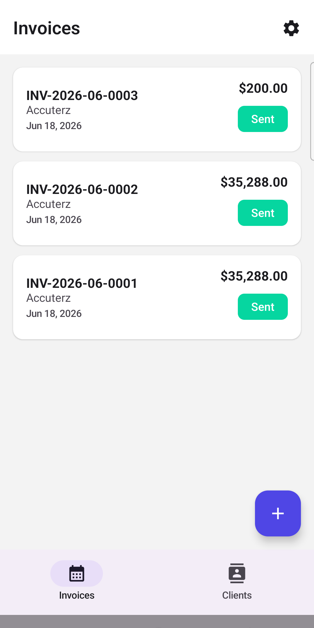 Invoice history list with Sent status